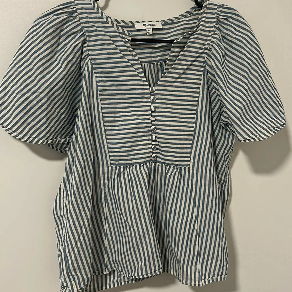 Madewell Coastal Boho Cottagecore Blue and White Striped Blouse Lightweight SzXS